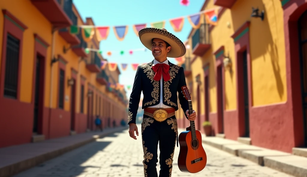 handsome young mexican charro walking on the tipical old mexican town, traditional attire, guitar on the rigth hand,