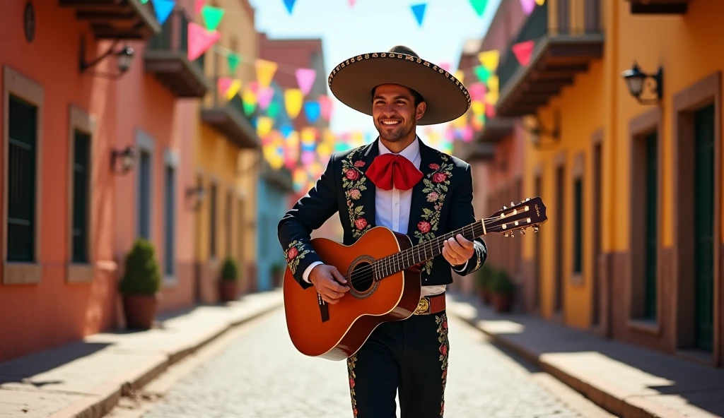 handsome young mexican charro walking on the tipical old mexican town, traditional attire, guitar on the rigth hand,