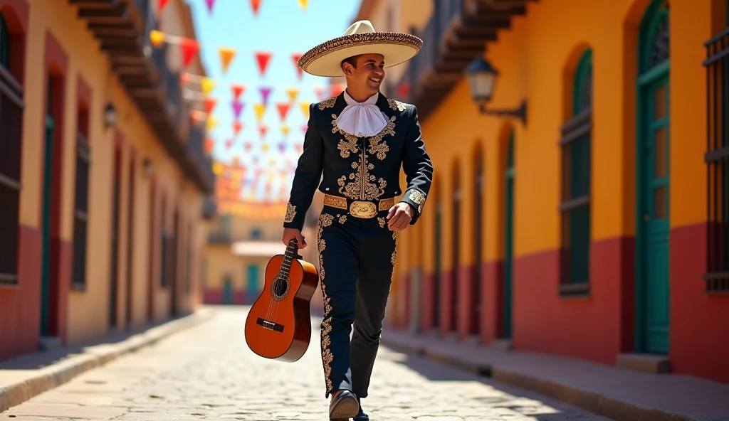 handsome young mexican charro walking on the tipical old mexican town, traditional attire, guitar on the rigth hand,