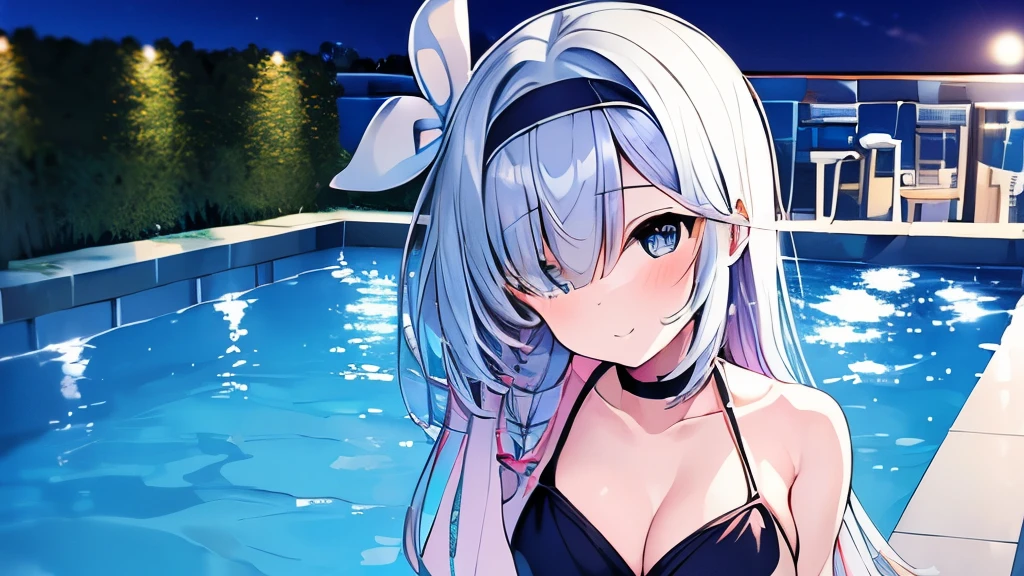 ((masterpiece)), ((best quality)), (ultra-detailed), pool, night, a cute girl, 1girl, solo, , ((beautiful eyes)), smile