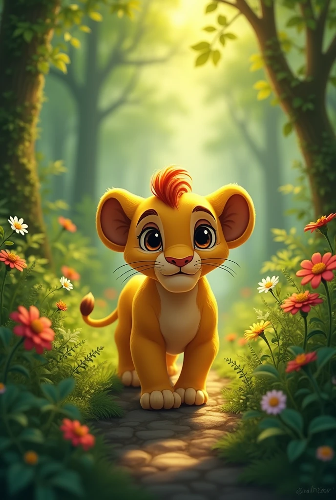 A small lion with golden fur, with big, expressive eyes, walking through a vibrant, green forest, with tall trees and colorful plants all around. The expression on Leo's face is a mix of curiosity and shyness.