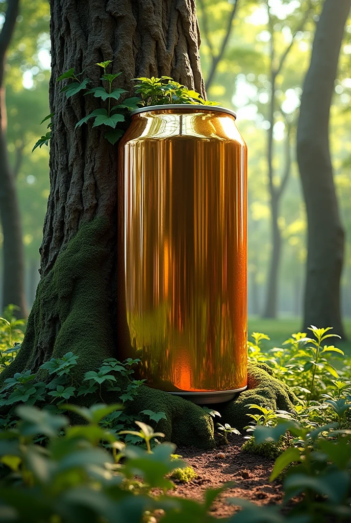 photo realist, a giant soda can simulating a tree in the forest