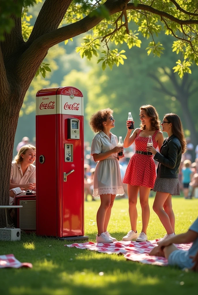 Vintage Coca-Cola soda machine and people drinking