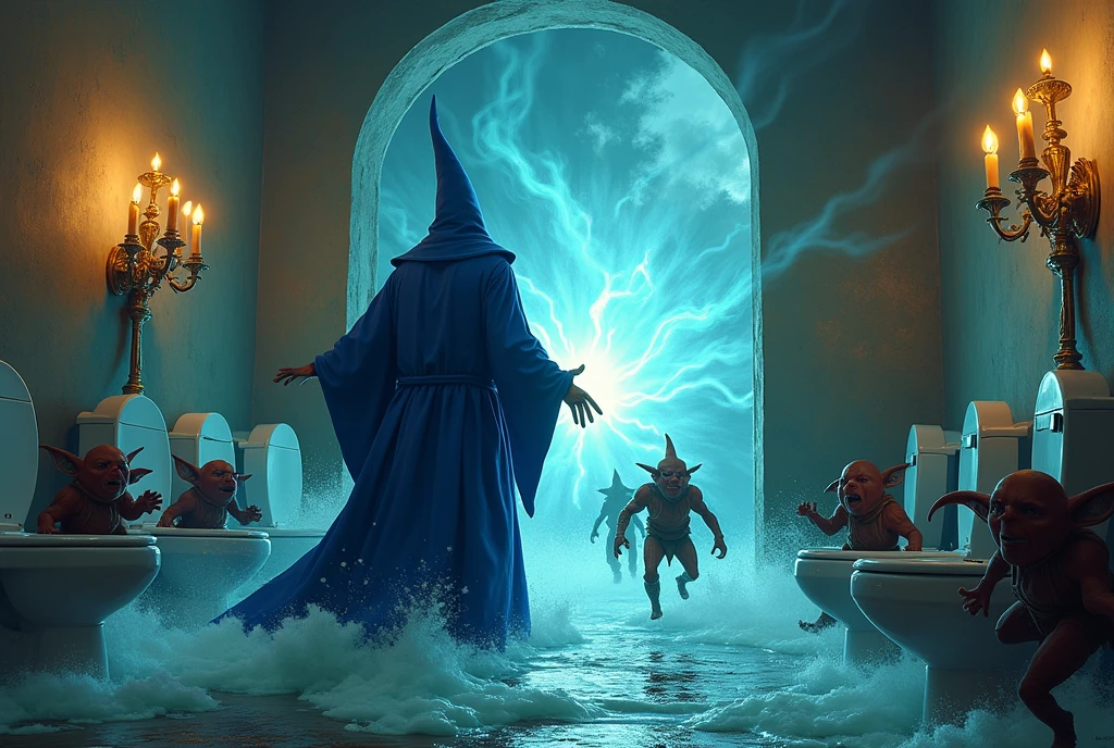 Fantasy, High Fantasy, RPG, A blue robbed wizard blows up a bathroom with a slime spell as small crowd of concerned goblins run away through the door, candelabras, moody lighting, serious faces, toilets visible, toilets flooding, chaotic spell, slimey