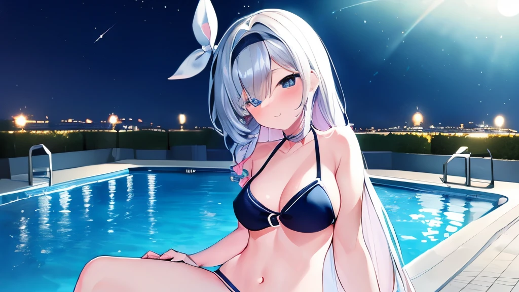 ((masterpiece)), ((best quality)), (ultra-detailed), pool, night, a cute girl, 1girl, solo, bikini, ((beautiful eyes)), smile