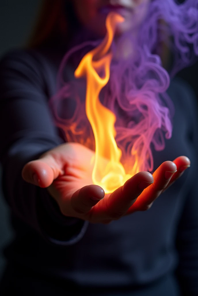 Create fire from hand, super power, light from fire, in the dark room, close-up hand, orange and purple fire