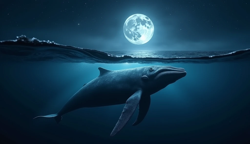 Outdoor view of a whale swimming in the depths of the ocean, with the moon reflected on the water surface. 