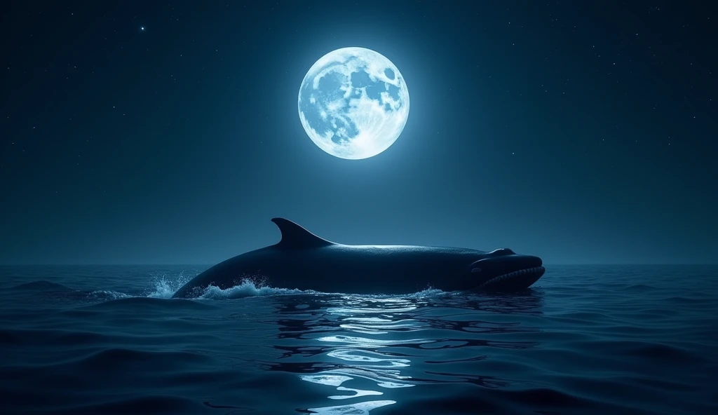 Outdoor view of a whale swimming in the depths of the ocean, with the moon reflected on the water surface. 
