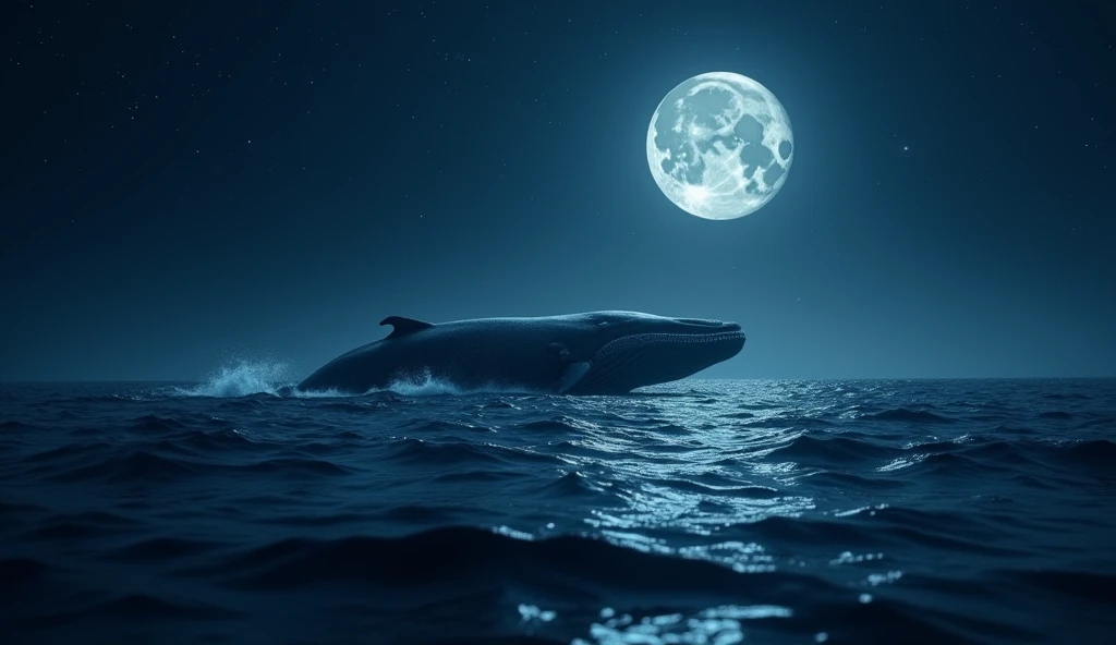Outdoor view of a whale swimming in the depths of the ocean, with the moon reflected on the water surface.