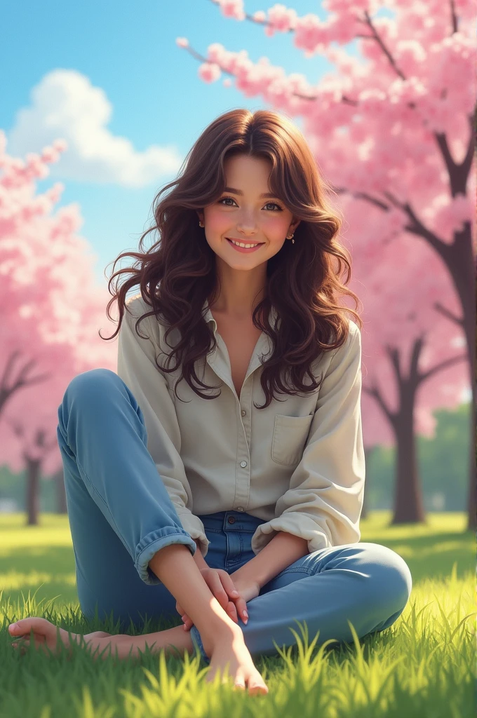 A brunette girl with curly hair and big breasts sits with her legs stretched out, taking a realistic photo
