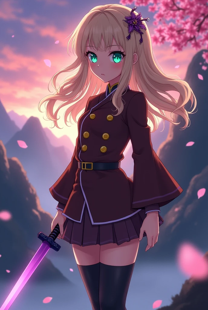 Captura de pantalla de kimetsu no yaiba. A girl with phosphorescent green eyes, beige wavy hair,let it be tender, in the demon slayer uniform, and that the uniform is brown with yellow buttons on the torso, that she has long stockings and a purple katana.