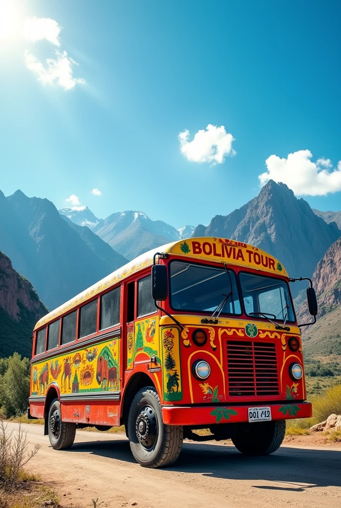 a Bolivian bus with the Bolivian flag, red, yellow and green, that has the name "Bolivia tour" for children 

