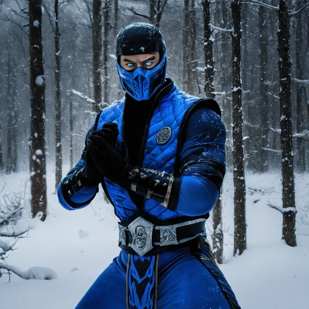 Horror-themed,  Sub-Zero
Mortal Kombat style, fictional universe consisting of numerous realms, Sub-Zero,Kuai Liang,Tundra,blue outfit,LK-520,a man in a blue outfit holding a knife,solo,blue eyes,1boy,weapon,male focus,outdoors,armor,tree,mask,glowing,helmet,nature,glowing eyes,snow,forest , Live-action, white sclera eyes, muscular, fitness, fighters, Action-adventure, brutal and gruesome, Mortal Kombat style, mk style, Eerie, unsettling, dark, spooky, suspenseful, grim, highly detailed