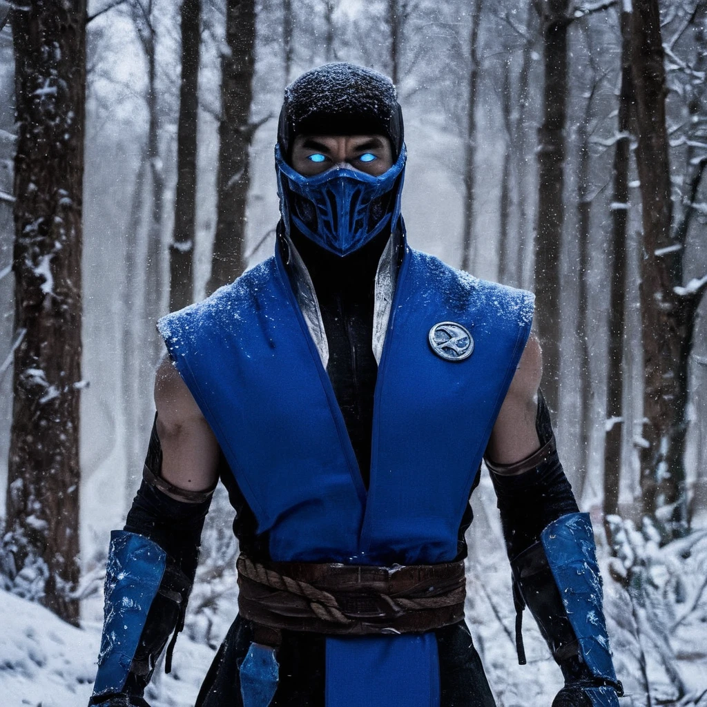 Horror-themed,  Sub-Zero
Mortal Kombat style, fictional universe consisting of numerous realms, Sub-Zero,Kuai Liang,Tundra,blue outfit,LK-520,a man in a blue outfit holding a knife,solo,blue eyes,1boy,weapon,male focus,outdoors,armor,tree,mask,glowing,helmet,nature,glowing eyes,snow,forest , Live-action, white sclera eyes, muscular, fitness, fighters, Action-adventure, brutal and gruesome, Mortal Kombat style, mk style, Eerie, unsettling, dark, spooky, suspenseful, grim, highly detailed