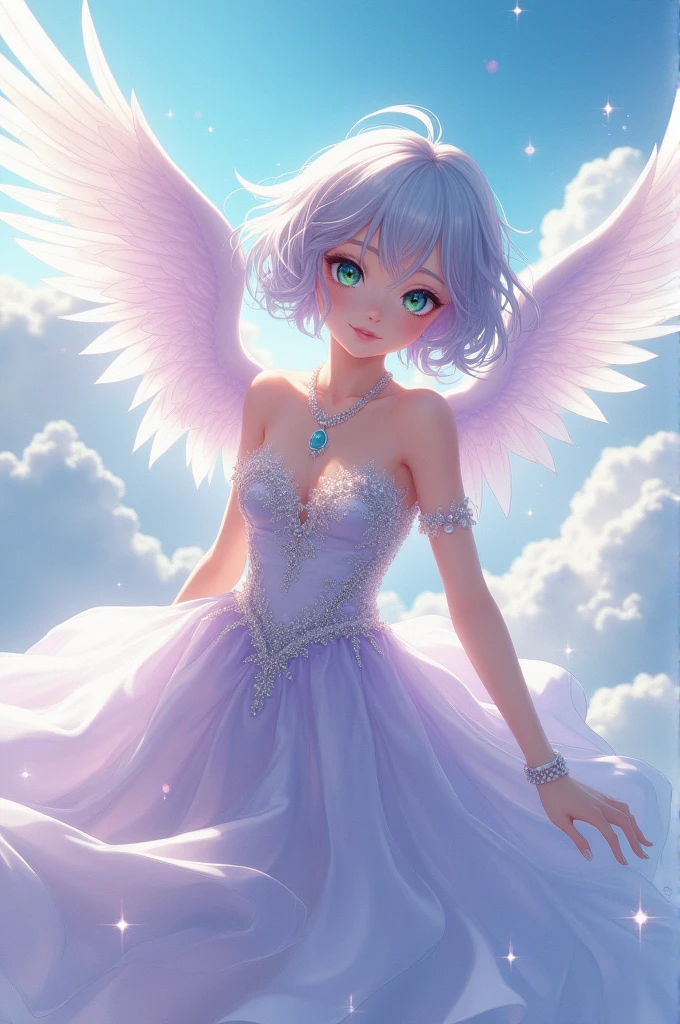 short flowing hair she has heterochromatic eyes, with light blue eyes. Draw a upper class young woman with slanted eyes in anime style hovering by her wings