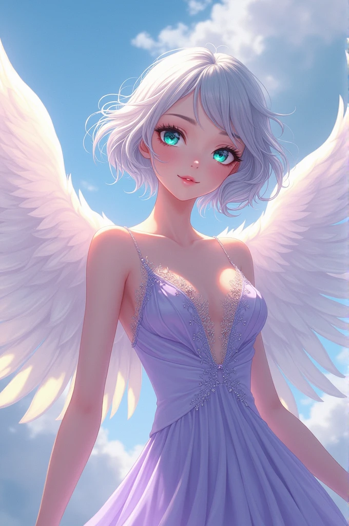 The angel's body glowed with a charming light in the sky