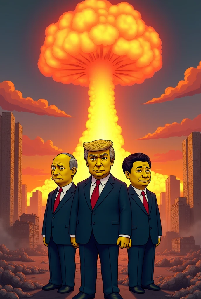 Vladimir Poutine, Donald Trump and Chinese President Xi against the backdrop of'apocalypse with nuclear weapons, bomb, Simpsons style, epic, yellow skin, 8k