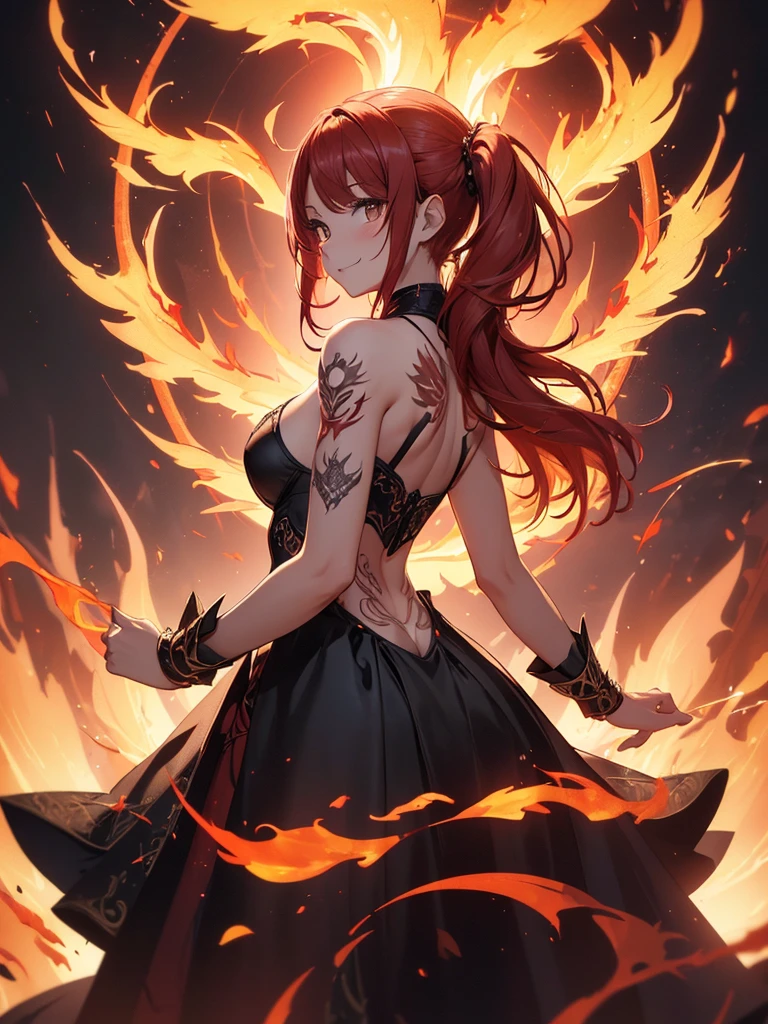 (((best quality, sharp image, clear image, cinematic lighting, 8k resolution, masterpiece, ultra detailed, intricate))) Girl casting magic, (((looking over left shoulder))), (shot from behind), ((shot from hip up)), fiery red hair, pigtails, ((intricate black dress)), ((flaming sigils, flaming runes)), spiky rock formations, (flaming lotus flowers frame), (intricate background), (chaotic background), ((Phoenix)), (swirling flames), smiling,tatoo on back