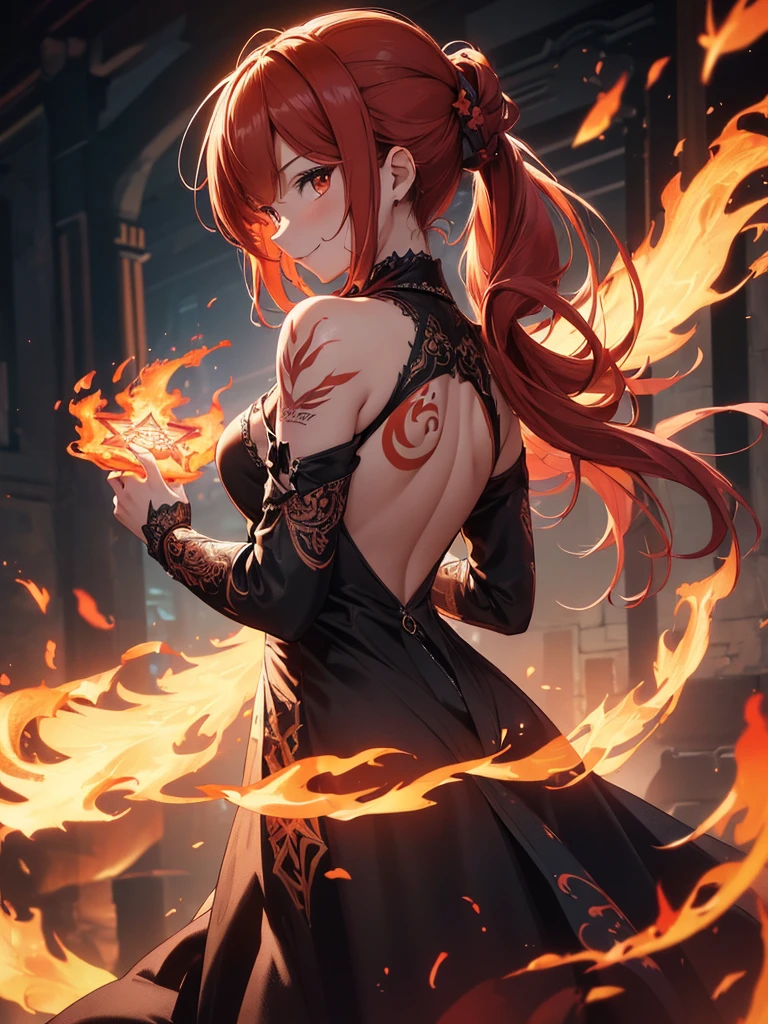 (((best quality, sharp image, clear image, cinematic lighting, 8k resolution, masterpiece, ultra detailed, intricate))) Girl casting magic, (((looking over left shoulder))), (shot from behind), ((shot from hip up)), fiery red hair, pigtails, ((intricate black dress)), ((flaming sigils, flaming runes)), spiky rock formations, (flaming lotus flowers frame), (intricate background), (chaotic background), ((Phoenix)), (swirling flames), smiling,tatoo on back