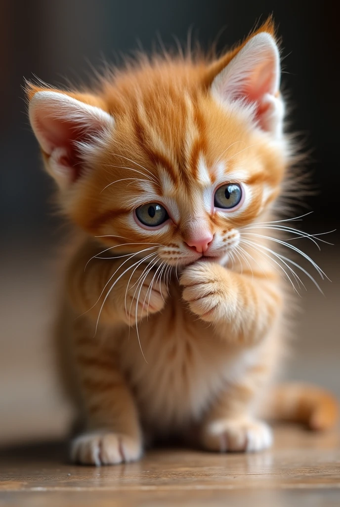 A tiny orange kitten tries to free itself but only gets more tangled. The kitten's wide, fearful eyes emphasize the seriousness of the situation.