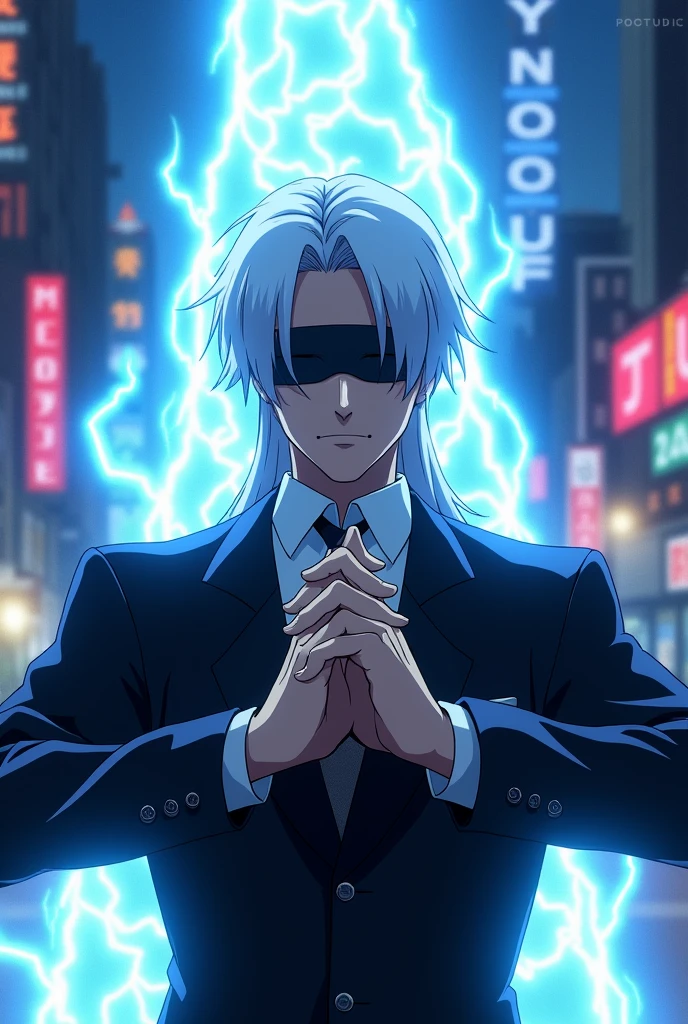 Satoru Gojo, White hair,blindfolded,large sale up to the eyebrow, crossed finger,blue spell,anime image.