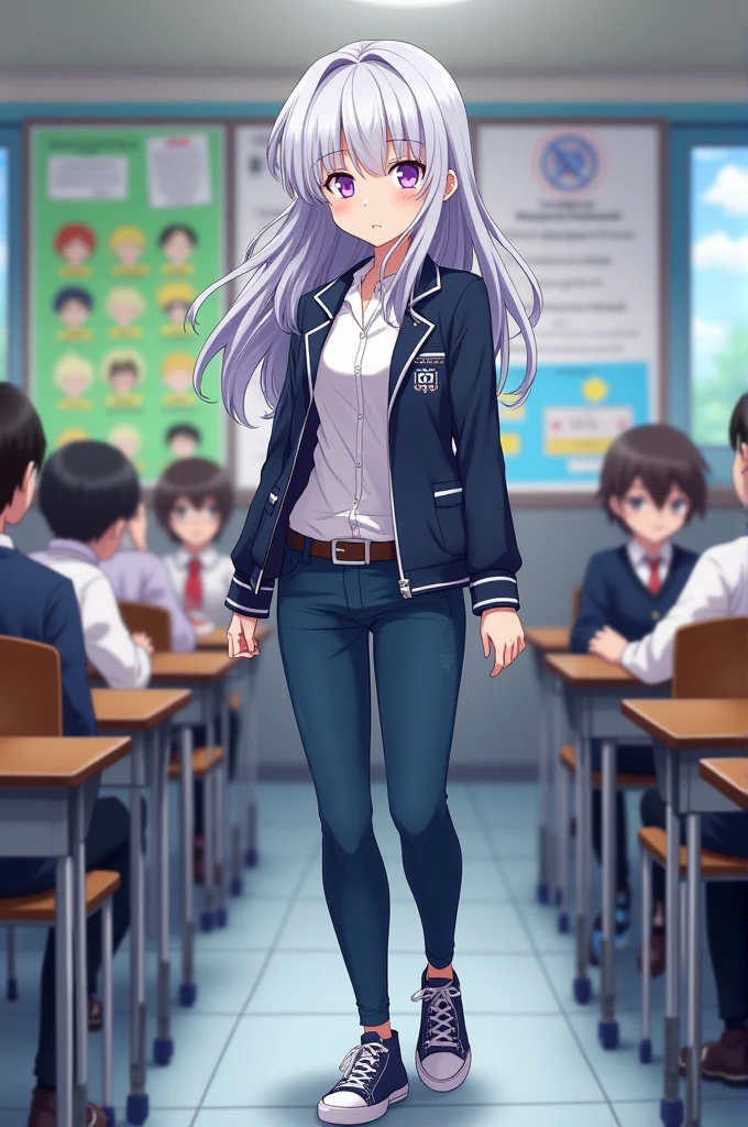 1girl, female, androgynous, my hero academia, boku no hero, silver hair, super long hair, cute, wearing uniform, wearing casual clothes, in classroom, lavender eyes