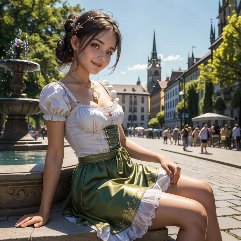 (masterpiece, best quality:1.5), highest quality, High resolution, super detailed, Realists, Transformation Story. Magic in the air, Upper body photo of a boy transformed into a 16-year-old black-haired girl, detailed and beautiful eyes, beautiful detailed lips, very detailed eyes and face, longeyelashes, A 16-year-old girl in a beautiful short shiny satin Dirndl, Details in the dress fabric, Beautiful and colorful makeup, elegant and noble々Pose, hairband, ponytail hairstyle, Munich as a backdrop, bright daylight, bright colors, fine brushstrokes, Portrait style, beautiful color palette, glowing skin, First-class rendering, that captures every detail, enchanting atmosphere, (perfect anatomy:1.2), (The stunning girl is wearing a beautiful short silver Dirndl. smiling in love and full of joy for the festival, nice legs. She sits on the fountain and presents, happy. A boy throws a coin into the fountain and wishes to be a girl, and his wish comes true. He transforms into a young girl in a beautiful Dirndl and is happy with flushed cheeks when he sees his friend. Around the , magic sparkled. (magnificent panorama view:1.2)