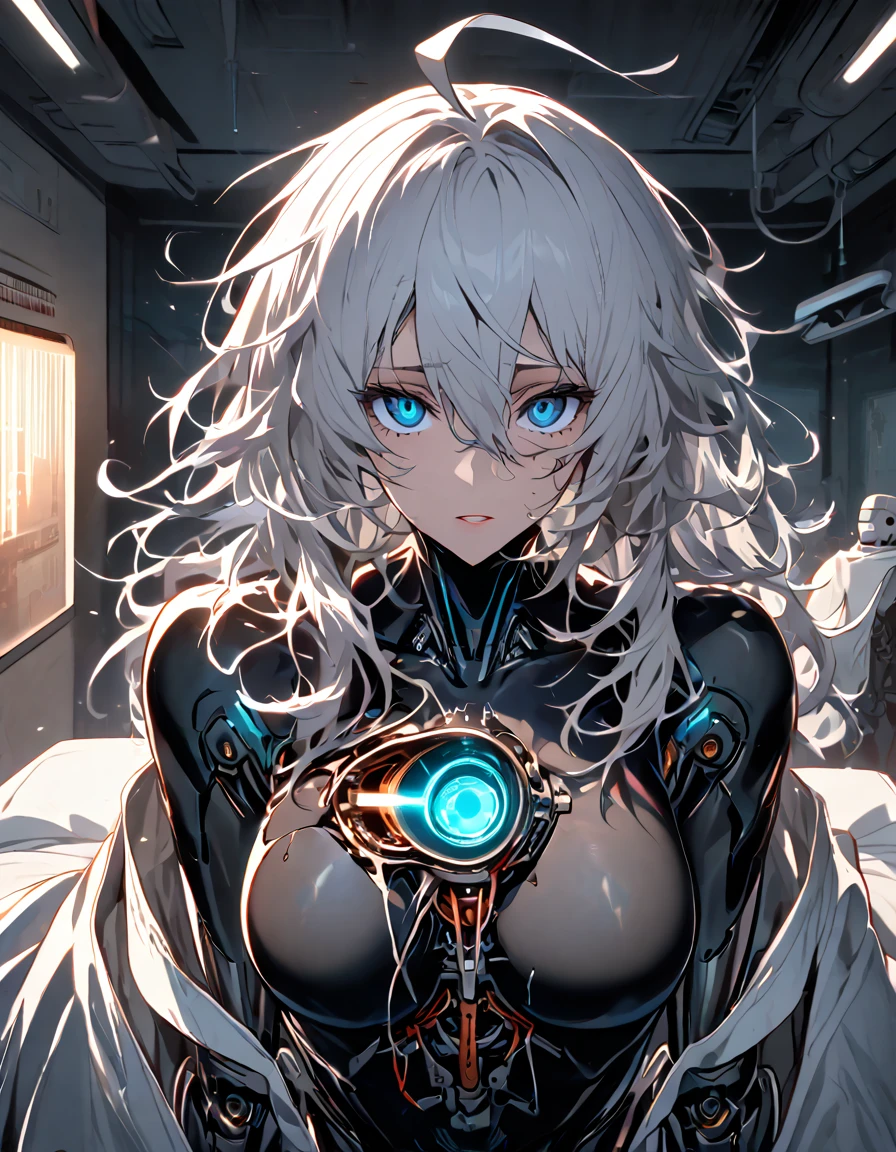 mature, bluish eyes, looking at viewer, female, hospital room background, messy hair, silver shoulder-length hair, parted lips, hair between eyes, ahoge, background in low light, dark, night, emotionless, damaged eye, exposed eye socket, robot, white cloak, black shirt, 3 robotic arms coming from her back on each side, robotic eye, human skin