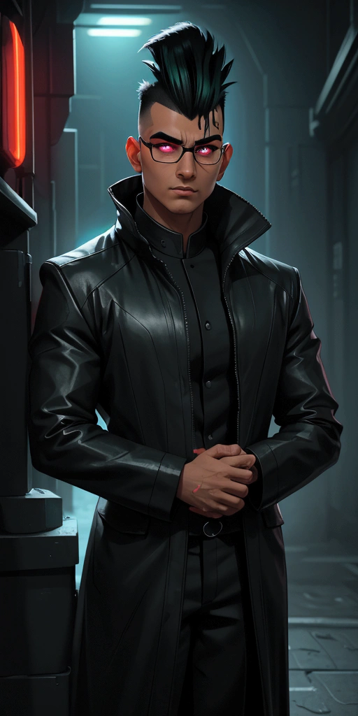 (appearance) a young man of South Asian race, with black hair, slightly narrow green eyes eyes, (suite) dressed in thick black raincoat of the future with luminous elements, opaque glasses of the future with luminous lenses, rimless bottom, (hairstyle) almost completely shaved head, shaved temples, In the middle is a mohawk, narrow and short mohawk, narrow mohawk with cutouts, (effects) 8k quality, sharp focus,fine details, HDR, realism, realistic, key visual, film still, cinematic color grading, depth of field, background cyberpank 2077, Night, neon light, (emotional) a stern face, with glowing eyes, A face in partial shade, expressive look, expressive face, sci-fi, telephoto shot, chromatic aberrations, tilt-shift effect, light leaks, expressive narrow eyebrows