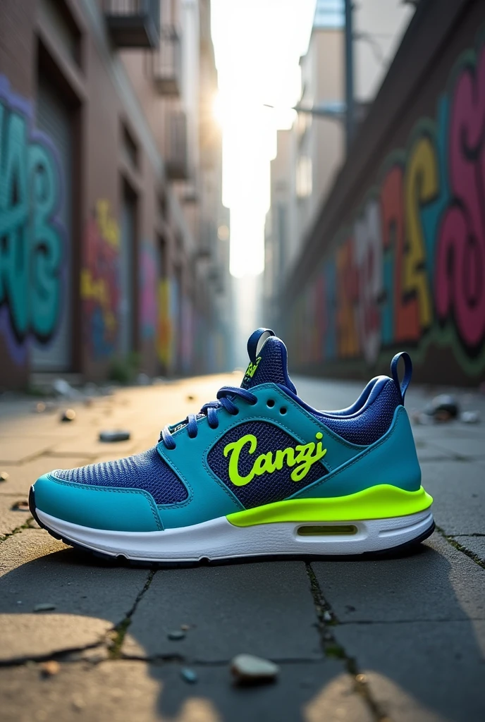 create a photo of a sneaker in the streetwear style written 'Canzi', to use as an example, and I don't have the Nike symbol
