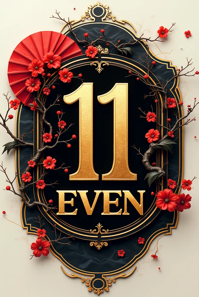 A logo with the word 11even, with golden hues, red, black and white, as well as certain Japanese Asian features