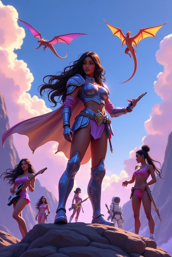 I want a brunette girl (latina) with very long wavy hair wearing armor and sword standing on a rock in a happy or empowered manner surrounded by dragons and astronauts, con escenarios de video game, dance and friends. It's to make a painting to be seen in my stream, with lilac and blue tones, My channel is called "Bloom Haddock" I would like it to be between realistic and illustrated, like Pixar., I want other brunette girls around her with different urban dance outfits, video game, guitar and photography, The atmosphere between Luila and Azul can be much darker, The girl should be more tanned and there's a missing girl who dances urban dance.