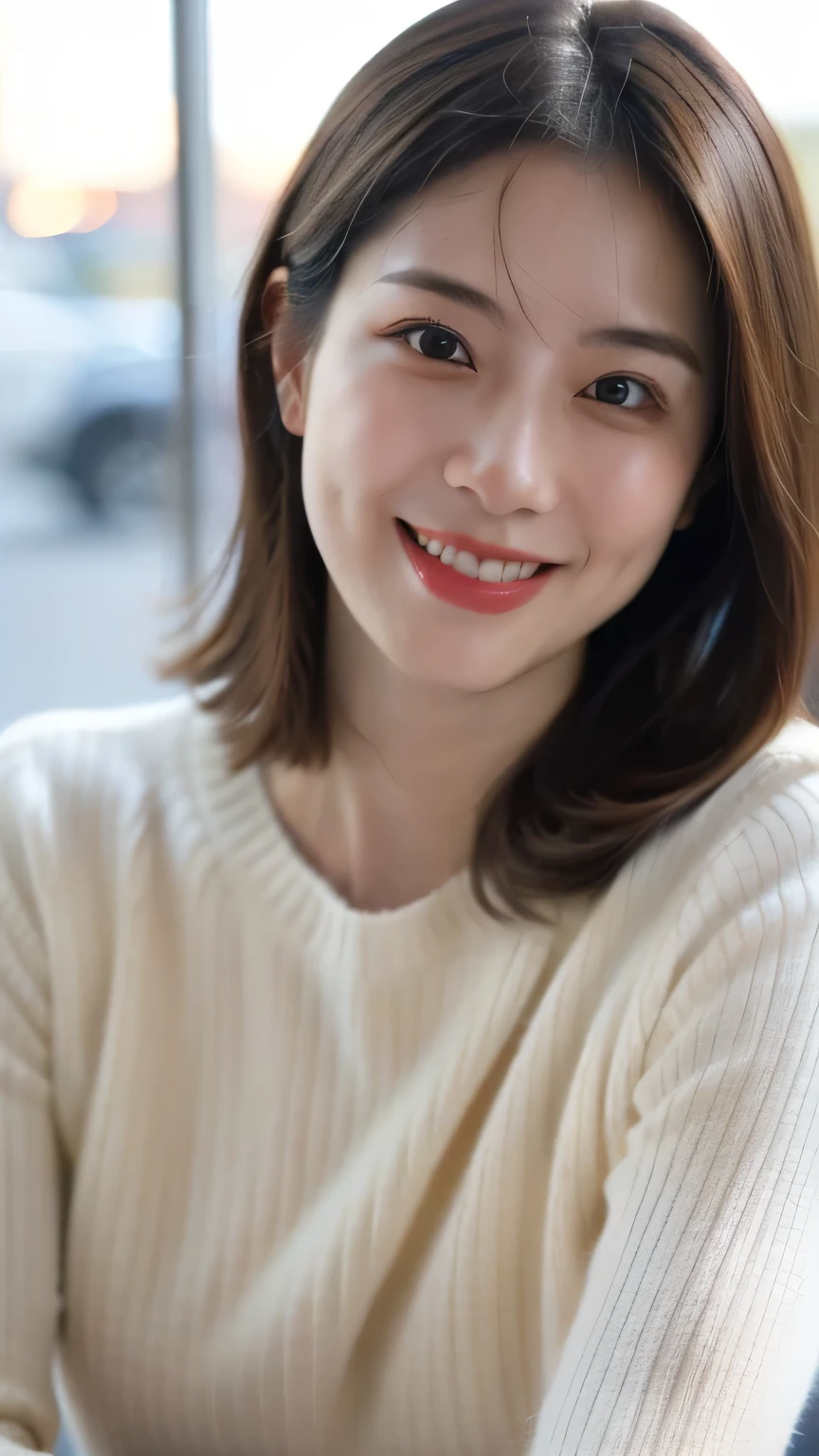 One 28-year-old woman, Japanese, (Wearing a sparkling summer sweater:1.2),(RAW Photos, Highest quality), (Realistic, photo-Realistic:1.4), masterpiece, Very delicate and beautiful, Very detailed, 2k wallpaper, wonderful, In detail, Very detailed CG unity 8k wallpaper, Very detailed, High resolution, Soft Light, Beautiful detailed, Very detailed eyes and face, Beautifully detailed nose, Beautiful attention to detail,Cinema Lighting,City lights at night,Perfect Anatomy,Slender body,smile , Close-up photo focusing on upper body、