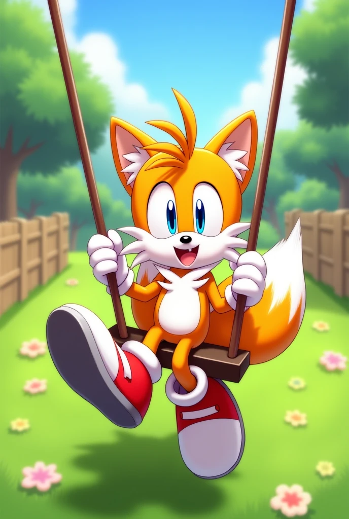 Tails Prower, Miles Prower, solo, looking at viewer, smile, 1boy, sitting on a swing full body, 2d animation with his shoes and gloves on