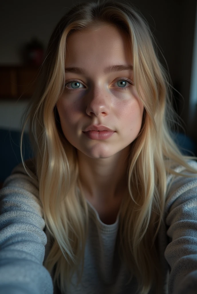create 15 year old girl, nordic, super Straight hair average looking blonde, blue eyes, looking directly into camera, upper body selfie, wearing casual clothes, side view, at home, night, Low light
