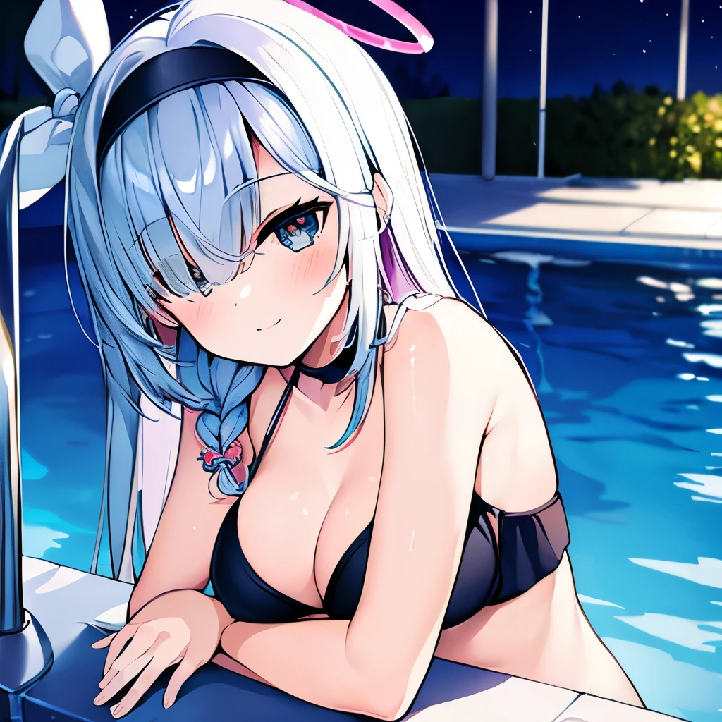 ((masterpiece)), ((best quality)), (ultra-detailed), pool, night, a cute girl, 1girl, solo, bikini, ((beautiful eyes)), smile
