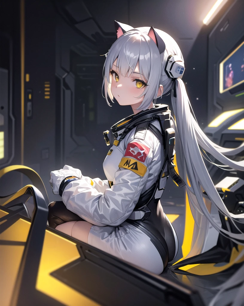 masterpiece, best quality, 1girl, spacecraft interior, spacesuit, upper body, from side, science fiction, yellow eyes, twintails, silver hair, cat ears, looking at viewer,