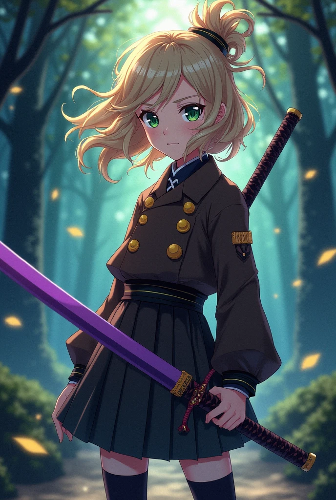 Captura de pantalla de kimetsu no yaiba. A girl with phosphorescent green eyes, beige wavy hair,let it be tender, in the demon slayer uniform, and that the uniform be brown with yellow buttons, that she has long stockings and a purple katana.