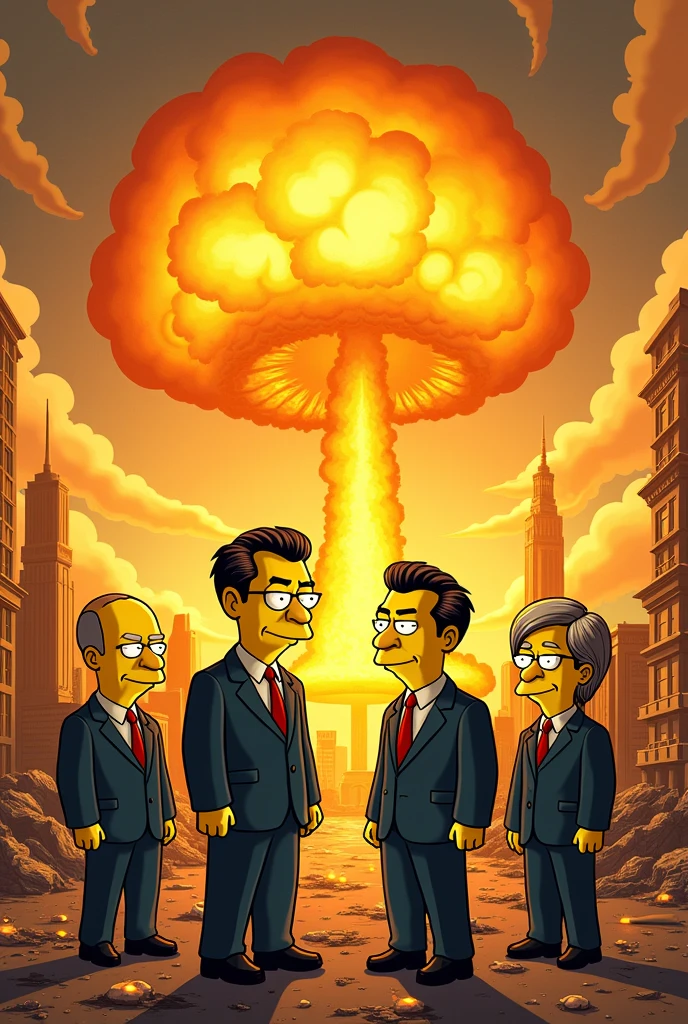 Elon Musk, Vladimir Poutine, Donald Trump and Chinese President Xi against the backdrop of'apocalypse with nuclear weapons, bomb, Simpsons style, epic, yellow skin, 8k