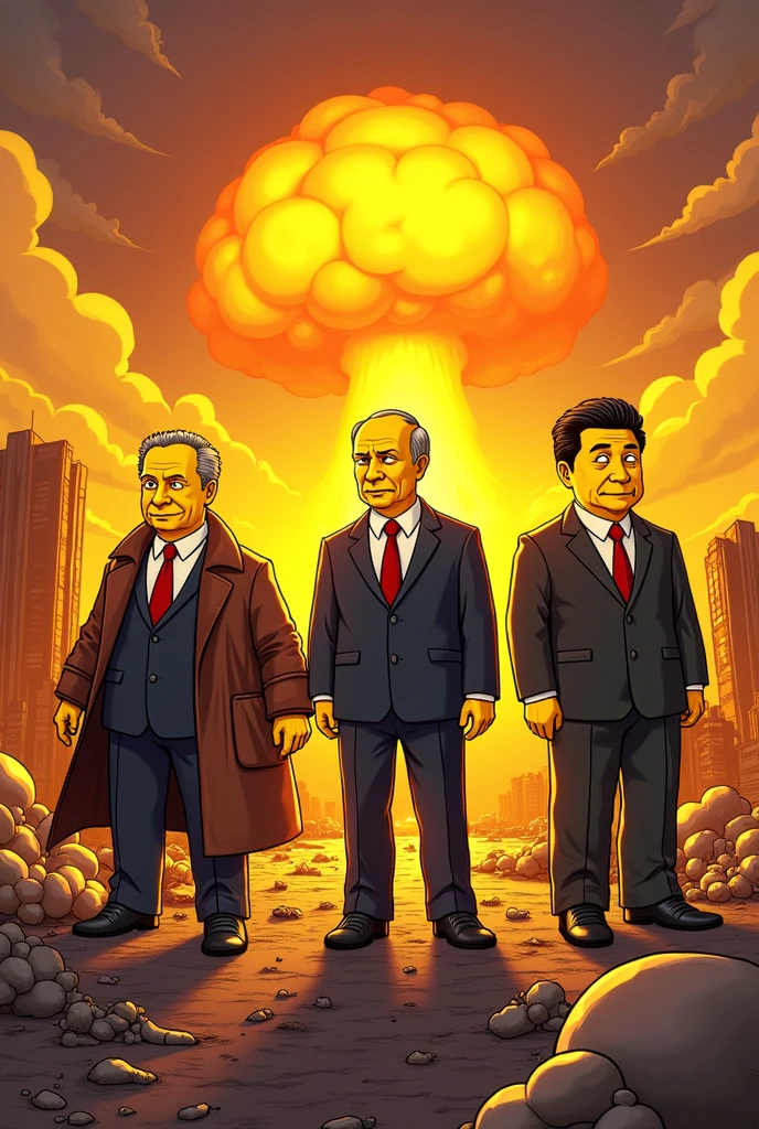 Elon Musk, Vladimir Poutine, Donald Trump and Chinese President Xi against the backdrop of'apocalypse with nuclear weapons, bomb, Simpsons style, epic, yellow skin, 8k