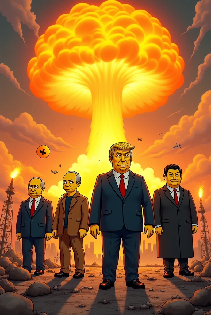 Elon Musk, Vladimir Poutine, Donald Trump and Chinese President Xi against the backdrop of'apocalypse with nuclear weapons, bomb, Simpsons style, epic, yellow skin, 8k