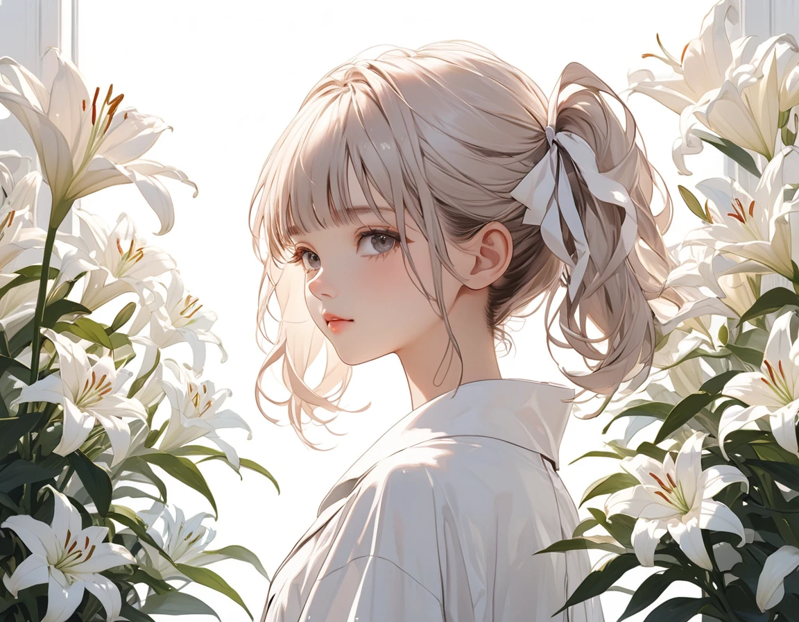 ((Masterpiece)), ((best quality)), (sketch), ((wide shot)), (super detail:1.2), (High Definition:1.3), ((extremely detailed)), (8K), (Professional Photography:1.2), (very aesthetic:1.2), (absurdres:1.2), (sharp focus), (perfect light), (drop shadow), (from side), ((1girl)), ((teenage girl)), looking at viewer, (Close-up of lilies), beautiful white background showing lily picture, Splendid white lilies in full bloom, ((Beautiful many Lilies)), details of the petals are delicate and gorgeous, cute ribbon, platinum-gold hair, (loose blunt bangs), (medium hair), ((loose knotted short pigtails)), cute face, Healthy skin, (Healthy slim body), sad face, (cute cheeks), glossy lips, pouty lips, bags under the eyes, (lower eyelashes), (detailed background:1.2), newest, clear line, (pale pink long_sleeves),