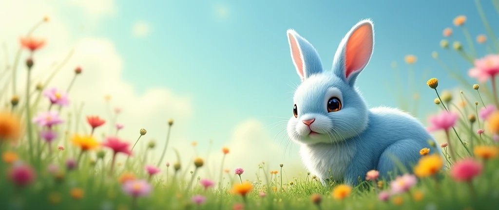 (translation:1.25), ((A fluffy, round, light blue rabbit:1.5, Genuine:1.8, Realistic:2.0, wild rabbit)),translation,cute, a bit, baby, beautiful, Fantasy art, Deviant art, Trending Art Station, Digital Art, detailed, small, A photo taken by the world's best photographer, Aligned on the right,