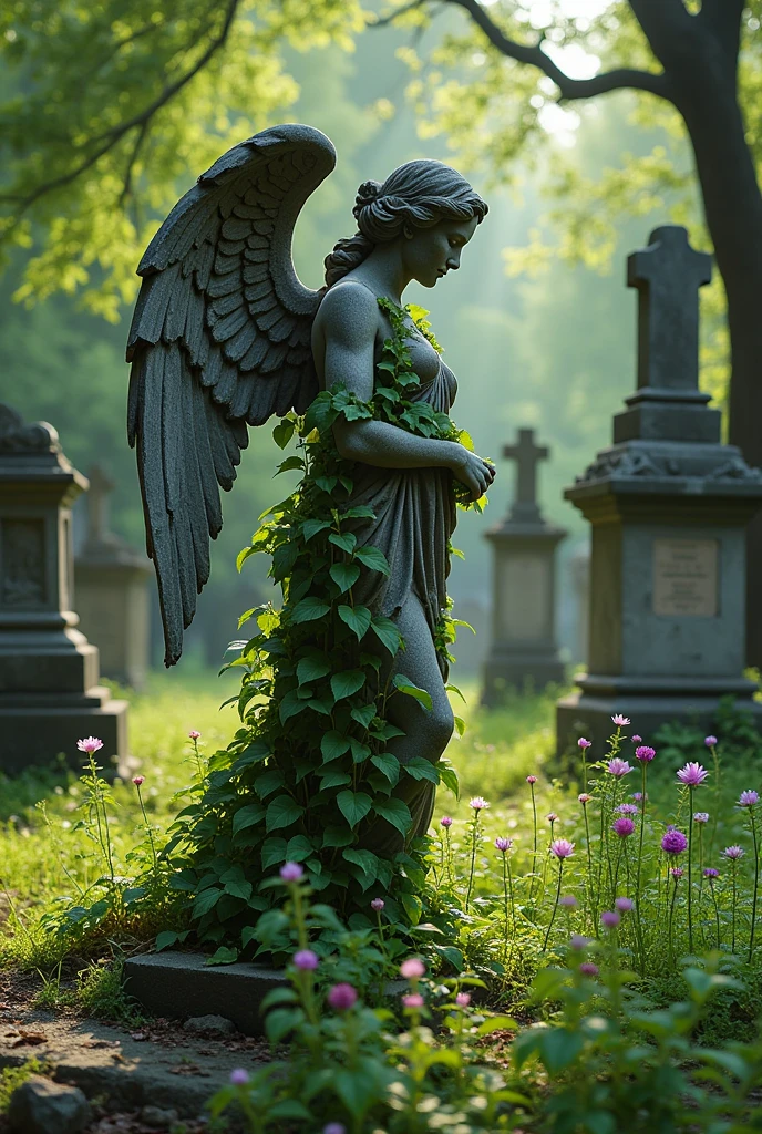 An abandoned angel statue with leaves in the cemetery
.