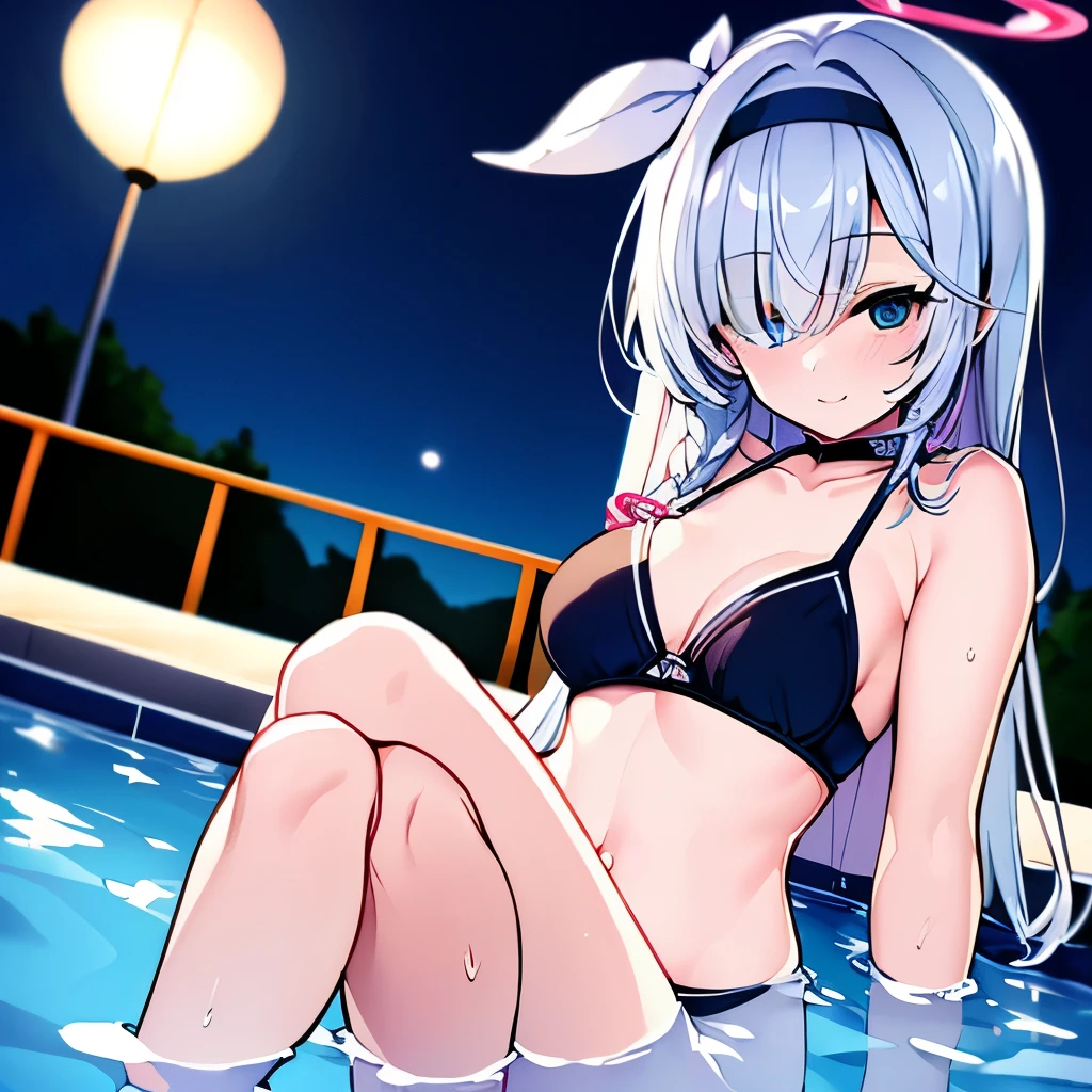 ((masterpiece)), ((best quality)), (ultra-detailed), pool, night, a cute girl, 1girl, solo, bikini, ((beautiful eyes)), smile