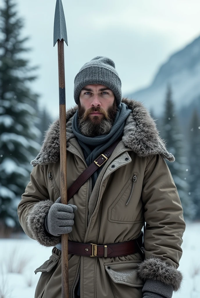 A young bearded hunter, stark, wearing winter clothes and a spear 