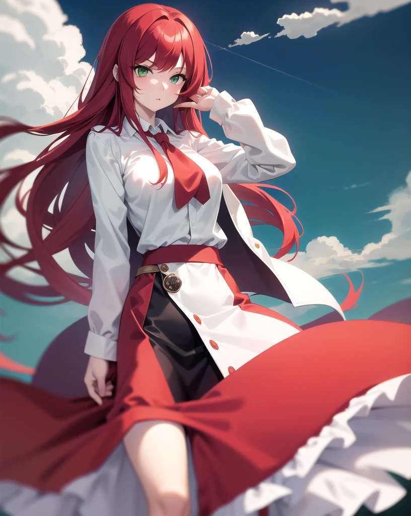 amy, long hair, red hair, green eyes, suit with long skirt, white shirt