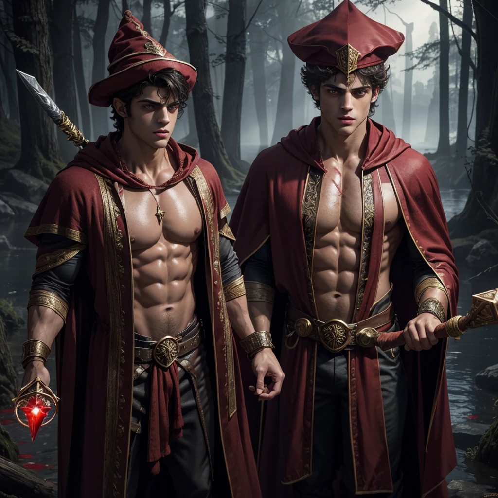 A muscular handsome young wizard, Matthew Daddario, extremely detailed eyes, beautiful detailed lips, extremely detailed face, looking at the viewers majestically, blood red wizard robe, a wood wand with a blood crystal, wand in hand, sexy look, wizard hat, smooth skin, standing on a blood lake, blood magic,