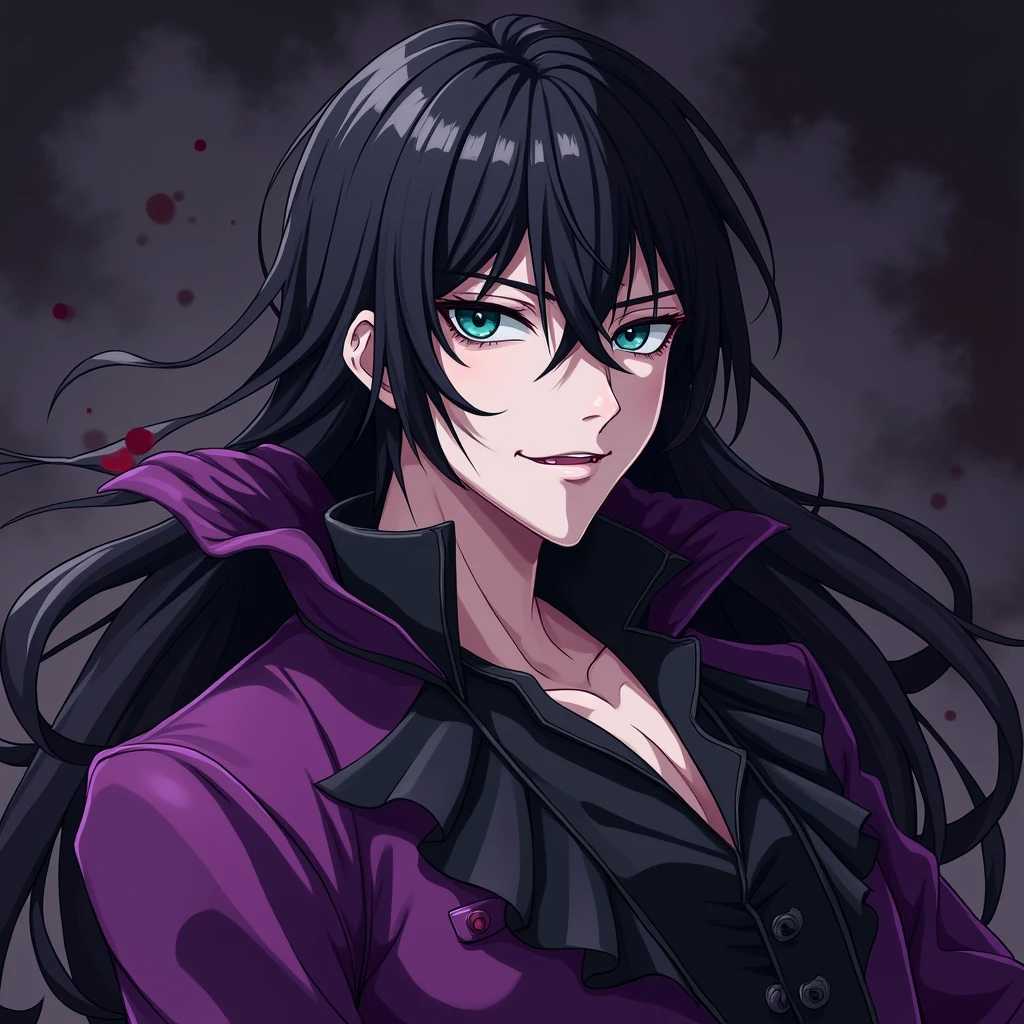 A sexy young male, black long hair, teal blue eyes. Gothic clothes. (Male) (no facial or body hair)) masterpiece, best quality, ultra-detailed, best shadow), (detailed background) (Purple and black) pretty handsome. Sexy Cute. No facial hair. No body hair. Wink. Seductive. Sexy. Pale and white skin. Smirking. Anime style. Blood. Vampire. Sexy. Death note style. Pink lips. SENSUAL. Purple and black gothic frilly clothes. Long lashes. Sexy pose.