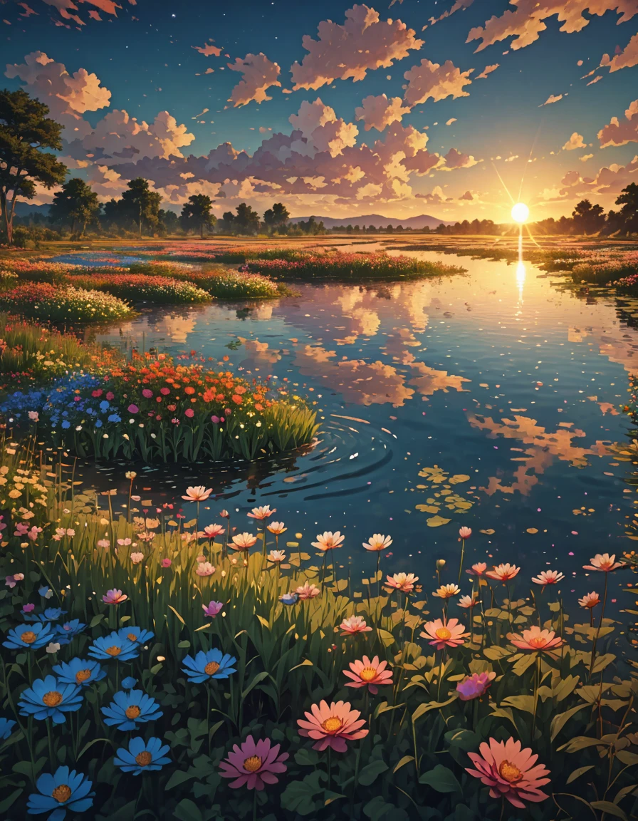 Sunset, lake, Flower Fields, meadows, bright sun, blue sky, stars, big clouds, 4k, Awesome, sharp, intricate details, (High resolution: 1.5), crowded, plants in water flowers, more land less water, tall grass, detailed plants and trees